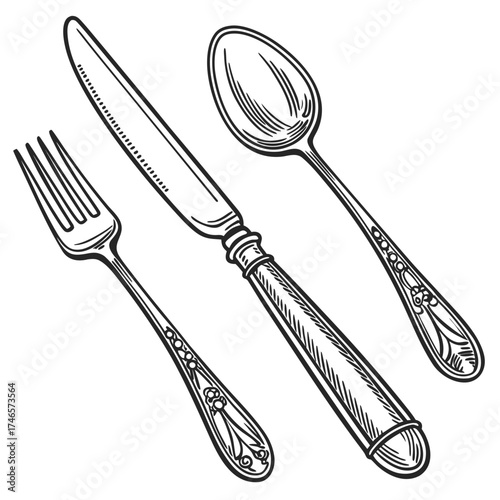 Vintage silverware set vector illustration featuring fork knife and spoon for dining and kitchen design needs