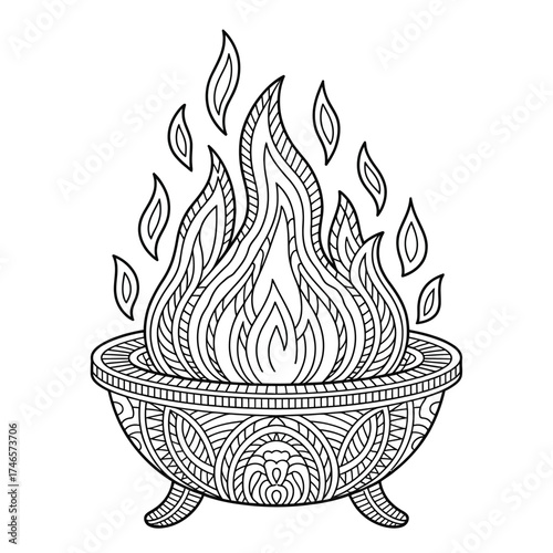 Intricate line art adult coloring page of a fire pit with detailed flames and decorative base vector illustration eps scalable silhouette vector illustration white background