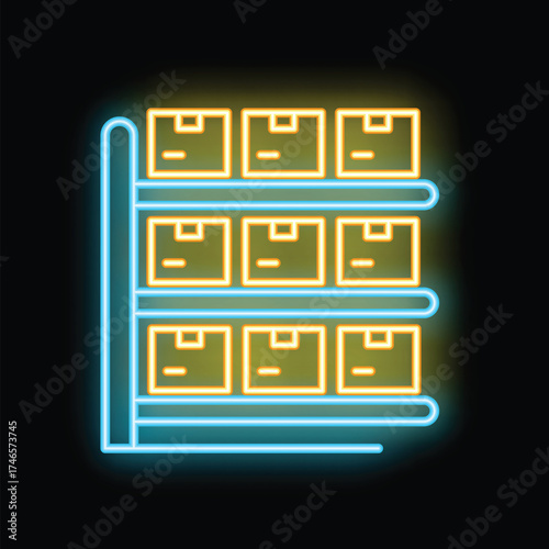 Glowing neon icon of metal storage racks holding cardboard boxes, potentially representing a warehouse or stockroom