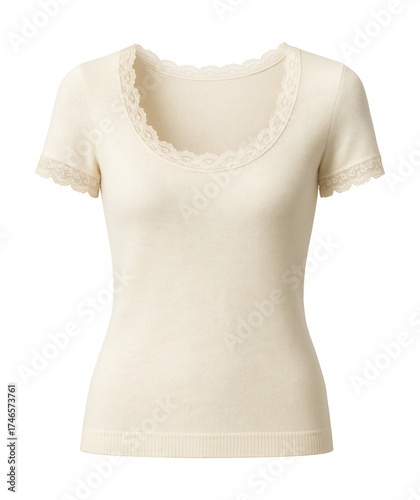 Ivory knit top with lace trim, scoop neck, and short sleeves.
