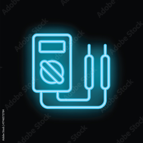 Glowing blue neon icon of a digital multimeter with probes, illustrating the concept of voltage measurement