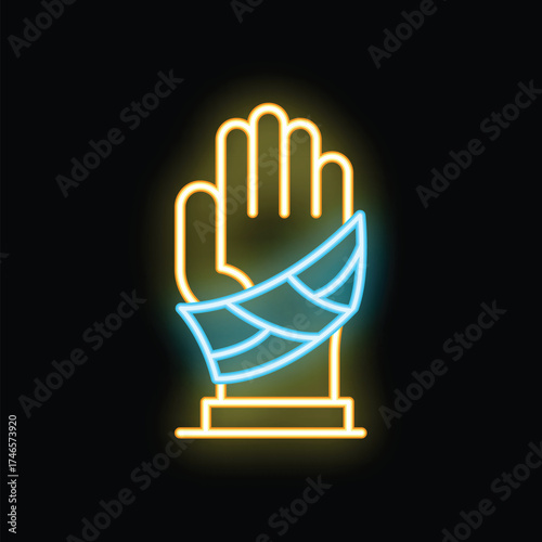 Neon sign depicting a hand with a bandage wrapped around the wrist, symbolizing injury and medical treatment