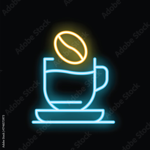 Neon sign depicting a coffee cup with a coffee bean above it, symbolizing a fresh brewed drink