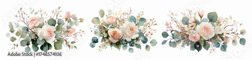 Watercolor set of bouquets with white roses and eucalyptus leaves. Wedding bouquets for invitation. Floral pastel watercolor style. Vector illustration.