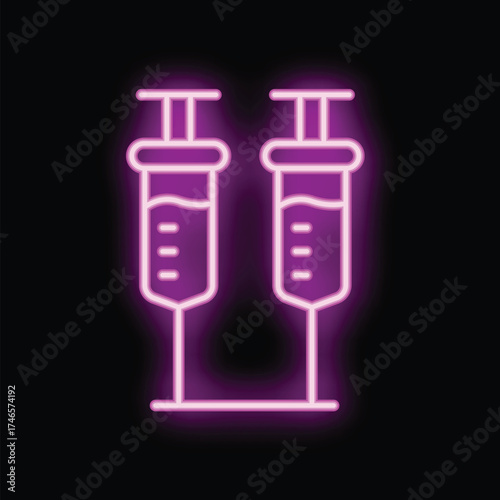 Neon medical symbol depicting two syringes sharing a base, glowing purple on black background