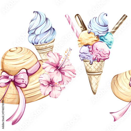 Summer bliss seamless pattern background wallpaper featuring tropical straw hats and colorful ice cream cones, perfect for vacation vibes and festive gatherings