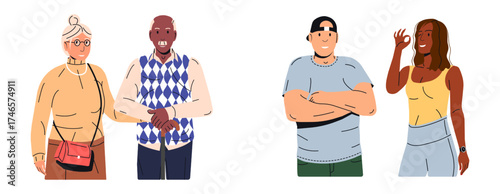 Diverse collection of male and female characters presenting different generations and ethnicities, ideal for representing multicultural community and social concept.