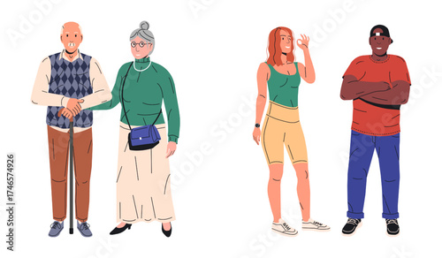 Diverse group of people standing, including an elderly man, elderly woman, young woman, and young black man, representing variety in age and ethnicity.