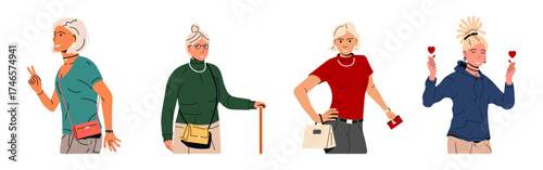 Woman showing modern life styles, senior woman with a stick, young woman with a shopping bag and woman with dreadlocks showing hearts.