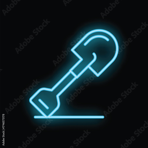 Blue neon sign of a shovel digging into the ground with glowing blue light