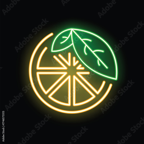 Glowing neon sign of a sliced orange with leaves, representing freshness and vitamin c