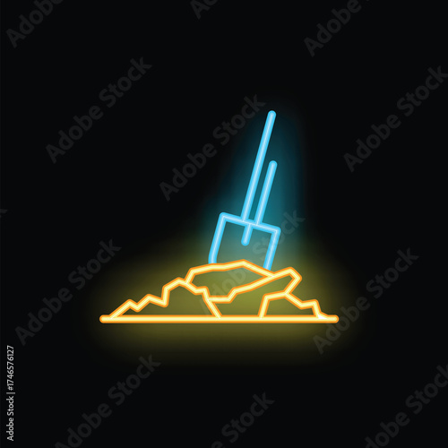 Bright neon icon of a shovel digging into the ground, illustrating construction or excavation