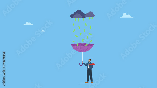 Businessman using umbrella to collect falling money from investment thunderstorm. Make money idea, passive income or profit and dividends from stock market investment, financial success.