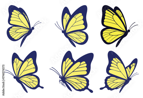 Six illustrations of butterflies with yellow wings and dark blue outlines, in various positions.