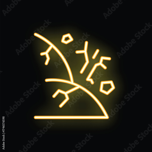 Yellow neon sign of a tree falling down because of strong wind with leaves and branches flying in the air