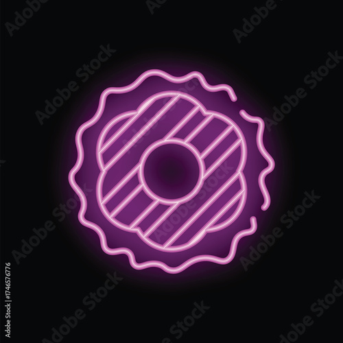 Neon sign of a stylized flower glowing in purple light on a dark background