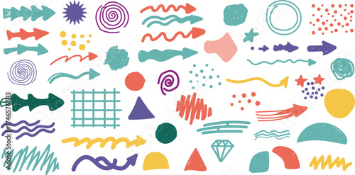 Colorful Hand Drawn Arrows and Shapes Illustration Doodle Collection Abstract Fun Graphic Elements Design Set Icons