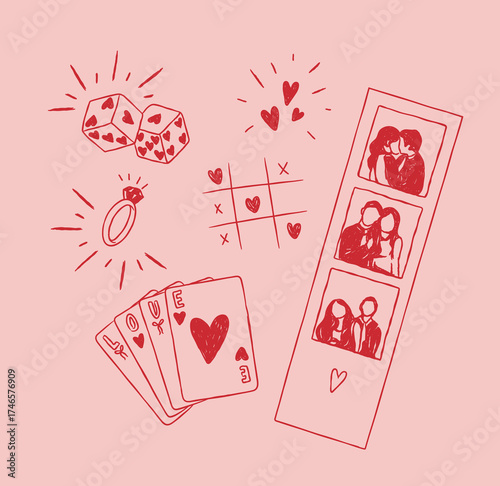 Romantic love elements dice, heart shapes, ring, cards, photo drawing in cute vintage style with red on pink background