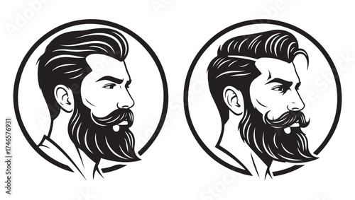 Two stylized black and white illustrations of men with beards and styled hair in profile view within circles.