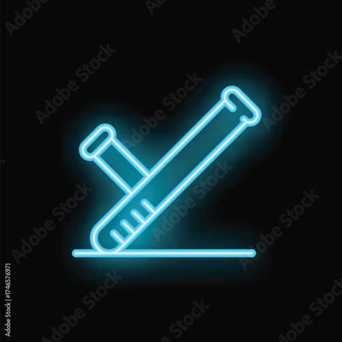 Blue neon sign of a police baton glowing on a wall at night