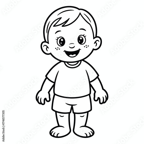 Simple line art vector illustration of a happy cartoon boy for children's coloring pages and educational content silhouette vector illustration white background