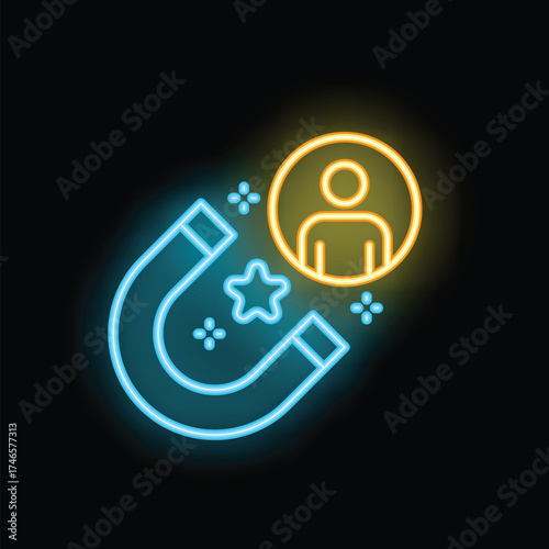 Neon icon of a blue magnet attracting a yellow customer icon, with stars around on a black background, representing customer attraction and marketing