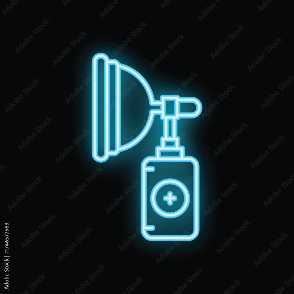 Obraz premium Glowing blue neon icon of medical equipment used for surgical abortion procedure mva, on black background