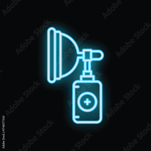 Glowing blue neon icon of medical equipment used for surgical abortion procedure mva, on black background