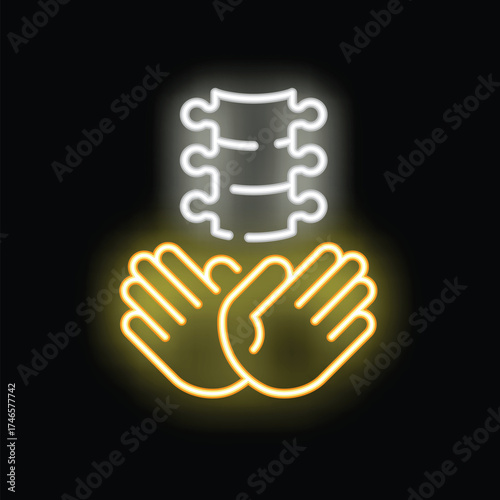 Neon sign illustrating chiropractic care with a pair of hands holding a glowing spine