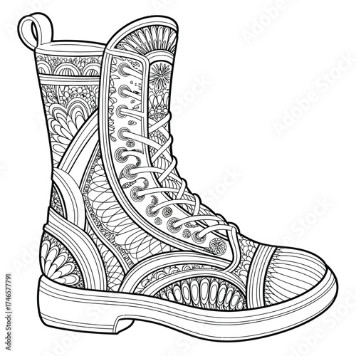 Detailed steampunk combat boot adult coloring page vector illustration scalable eps icon for creative projects silhouette vector illustration white background