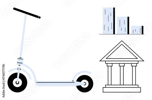 Electric scooter beside bar chart and government building. Ideal for eco-transport, city infrastructure, statistics, innovation, policy making, mobility planning, simple flat metaphor