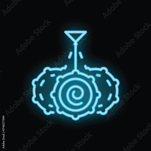 Blue neon icon of a machine learning process, with data being fed into a neural network, symbolizing artificial intelligence, algorithms, and deep learning