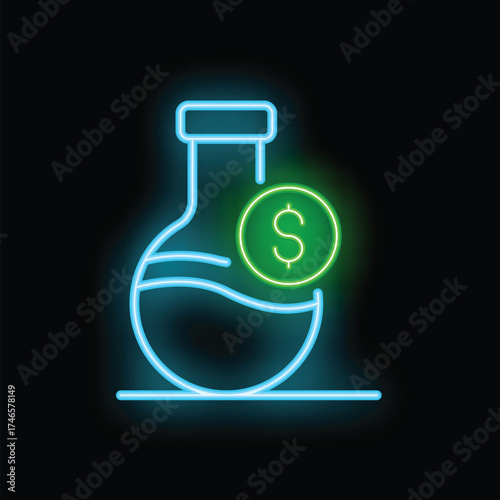 Neon icon of a laboratory flask containing a dollar coin, symbolizing investment in scientific research and development