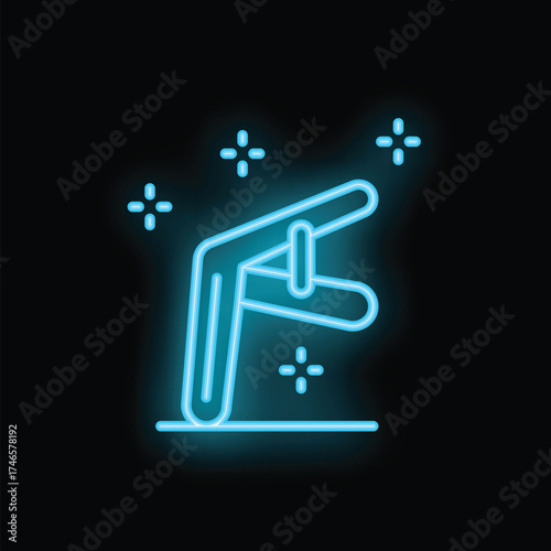 Blue neon sign showing a clamp on black background, great for bar or workshop
