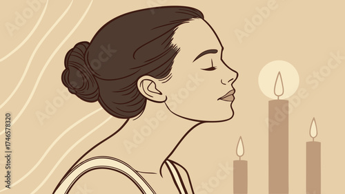 Calm Woman Profile with Burning Candles Illustration Spa Meditation Relaxation Peace Serenity Spiritual Yoga Wellness Mindful Tranquil Hope Remembrance Candlelight Line Art Minimal.