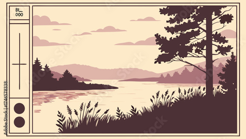 Calm lake landscape with trees and grass at sunset nature illustration tranquil scene vector art vintage style illustration.