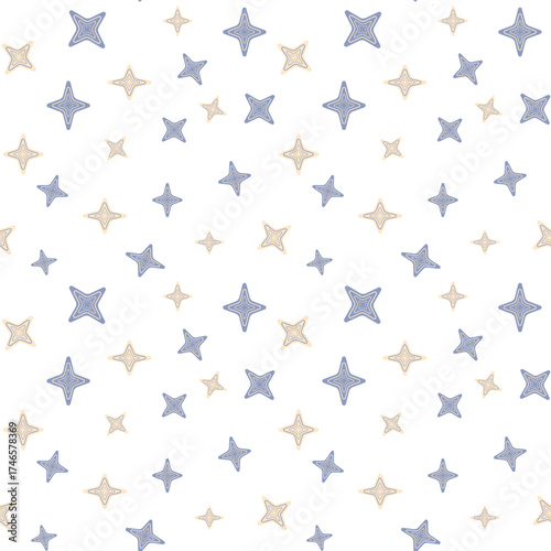 Serene seamless pattern of scattered, geometric four-pointed stars in a minimalist periwinkle blue and peach palette, ideal for Scandinavian or mid-century modern designs.