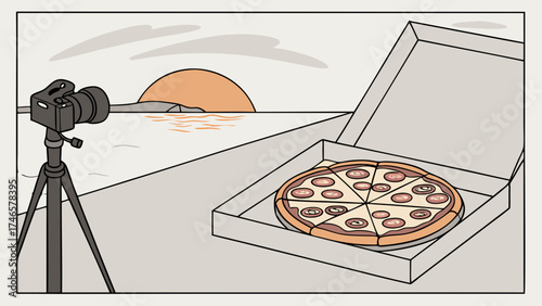 Camera on tripod photographing pizza by the sea at sunset.