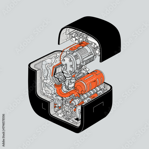 Electric motor components illustration in technical design style  