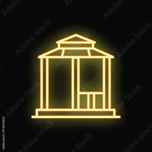 Neon sign of a gazebo glowing yellow on a black background