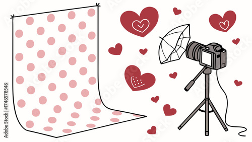 Camera Setup with Polka Dot Backdrop and Hearts for Valentines Day or Romantic Theme.