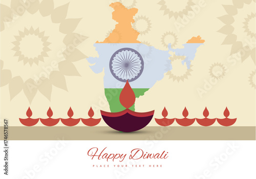 Happy Diwali Festival Greeting Background with Indian Flag Map, Glowing Diya Lamps, Vibrant Celebration Theme, and Elegant Indian Holiday Artwork for Greeting Card or Poster