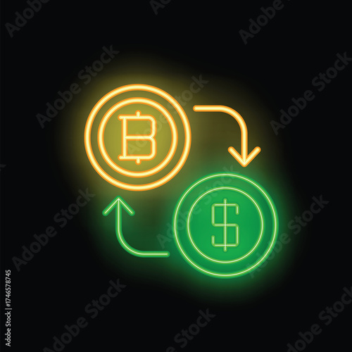Neon sign illustrating the concept of cryptocurrency exchange with bitcoin converting into dollar