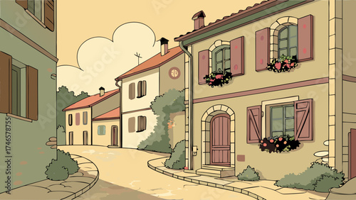 Charming European Street Scene Colorful Houses Cobblestone Road Vintage Style Illustration Architecture Travel Vacation Home Decor Postcard Greeting Card Mediterranean European Village.