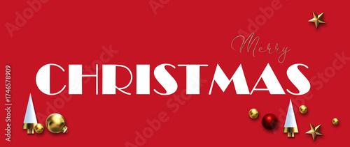 Christmas greeting card with abstract Xmas decoration. Winter Holiday Posters or banners design in modern style with Christmas tree, bauble and stars. Horizontal 3D illustration