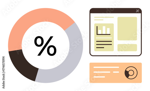 Pie chart with percentage sign, analytics dashboard with bar graph, and insights card. Ideal for statistics, research, financial management, business analysis, reporting, data visualization simple
