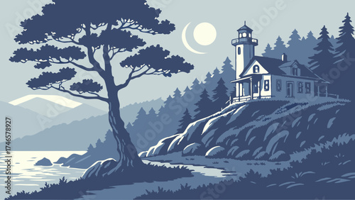 Coastal Lighthouse at Night Serene Seascape Illustration.