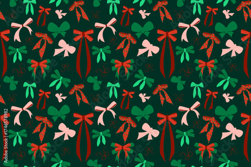 Dense vector seamless Christmas ribbon and bow pattern featuring a scattered mix of bows in red, green, and pink, on a deep forest green background for sophisticated holiday textiles and packaging.