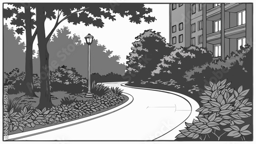 Curving Pathway Through Greenery Next to Apartment Building in Monochrome Illustration.