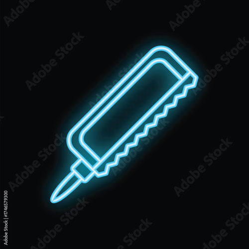 Blue neon icon of a hacksaw glowing on a black background